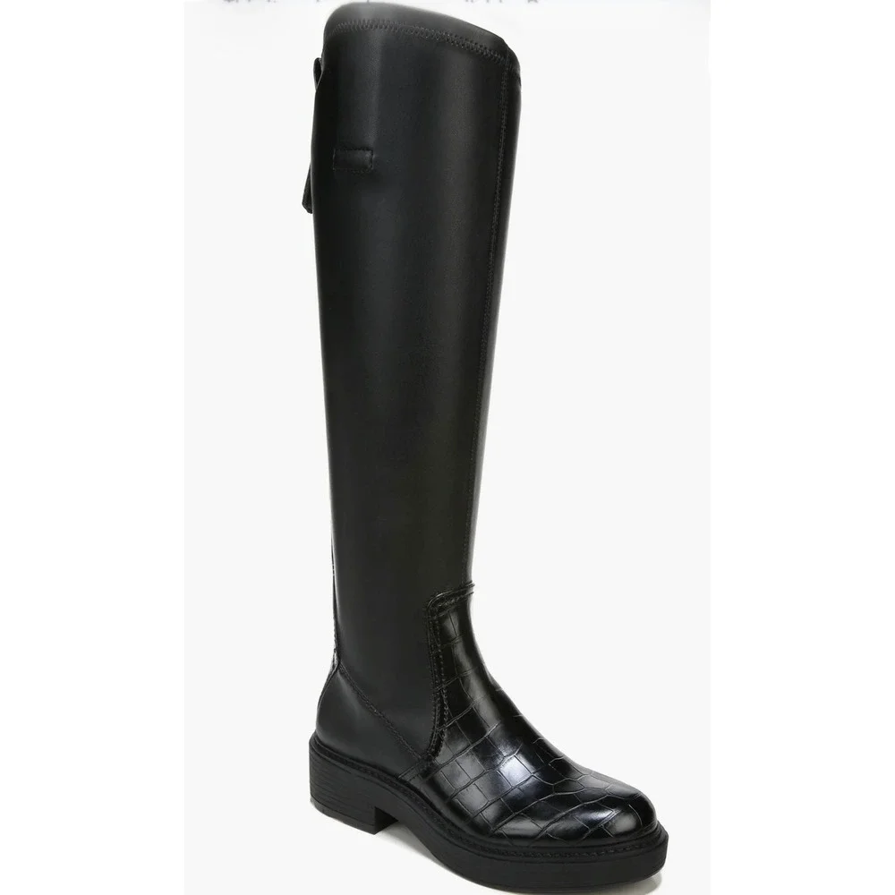 Franco Sarto Keaton Black Croc Embossed Knee High Moto Riding Boots Size 7